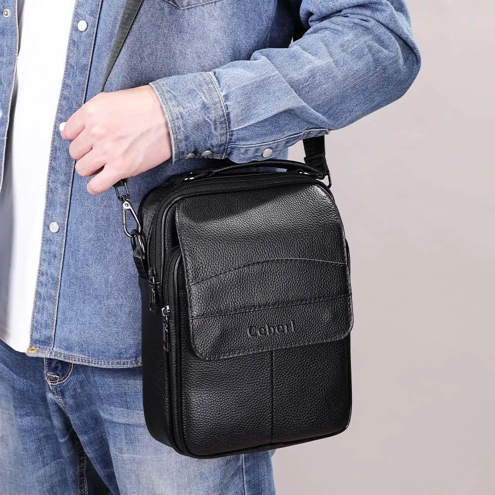 Cowhide Leather Messenger Bag For Men Travel Shoulder Crossbody Bag Waterproof Casual Sling Business Handbag