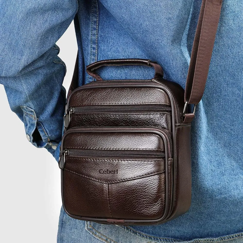 Cowhide Leather Messenger Bag For Men Travel Shoulder Crossbody Bag Waterproof Casual Sling Business Handbag