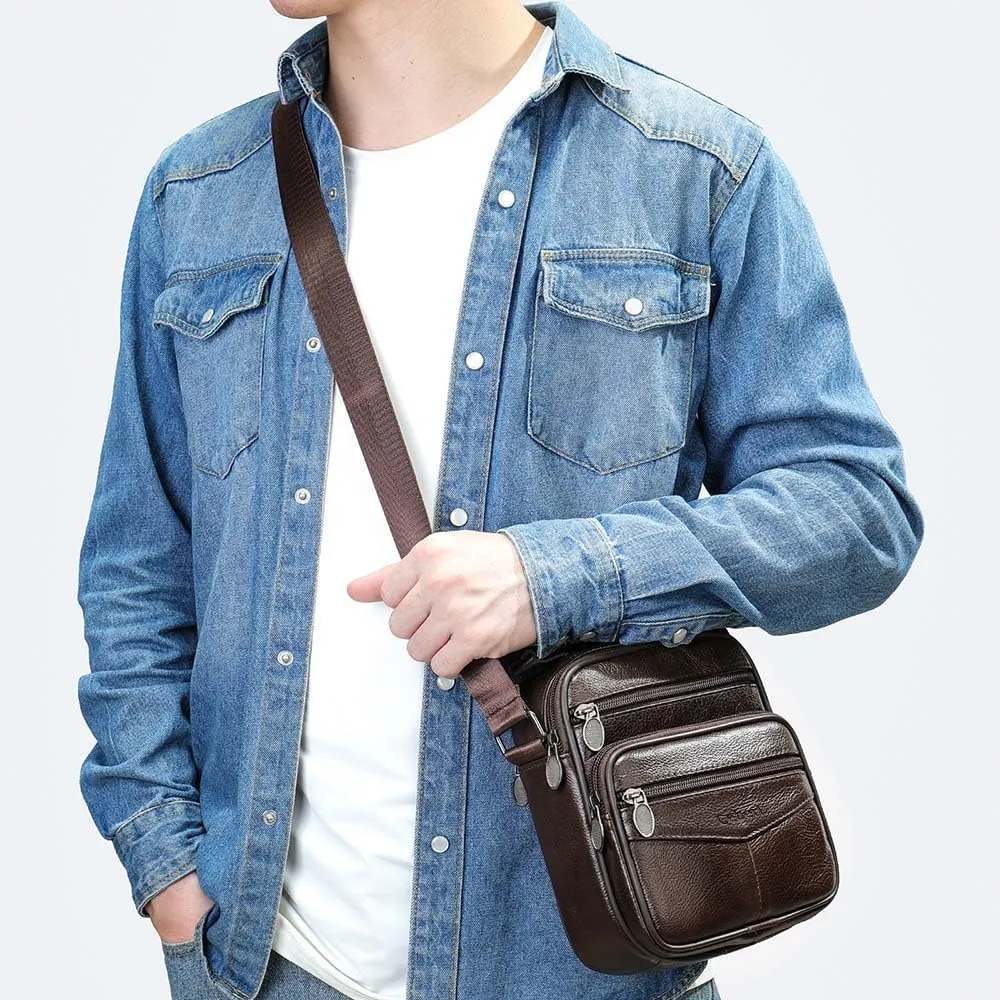 Cowhide Leather Messenger Bag For Men Travel Shoulder Crossbody Bag Waterproof Casual Sling Business Handbag