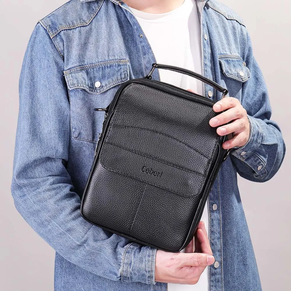 Cowhide Leather Messenger Bag For Men Travel Shoulder Crossbody Bag Waterproof Casual Sling Business Handbag