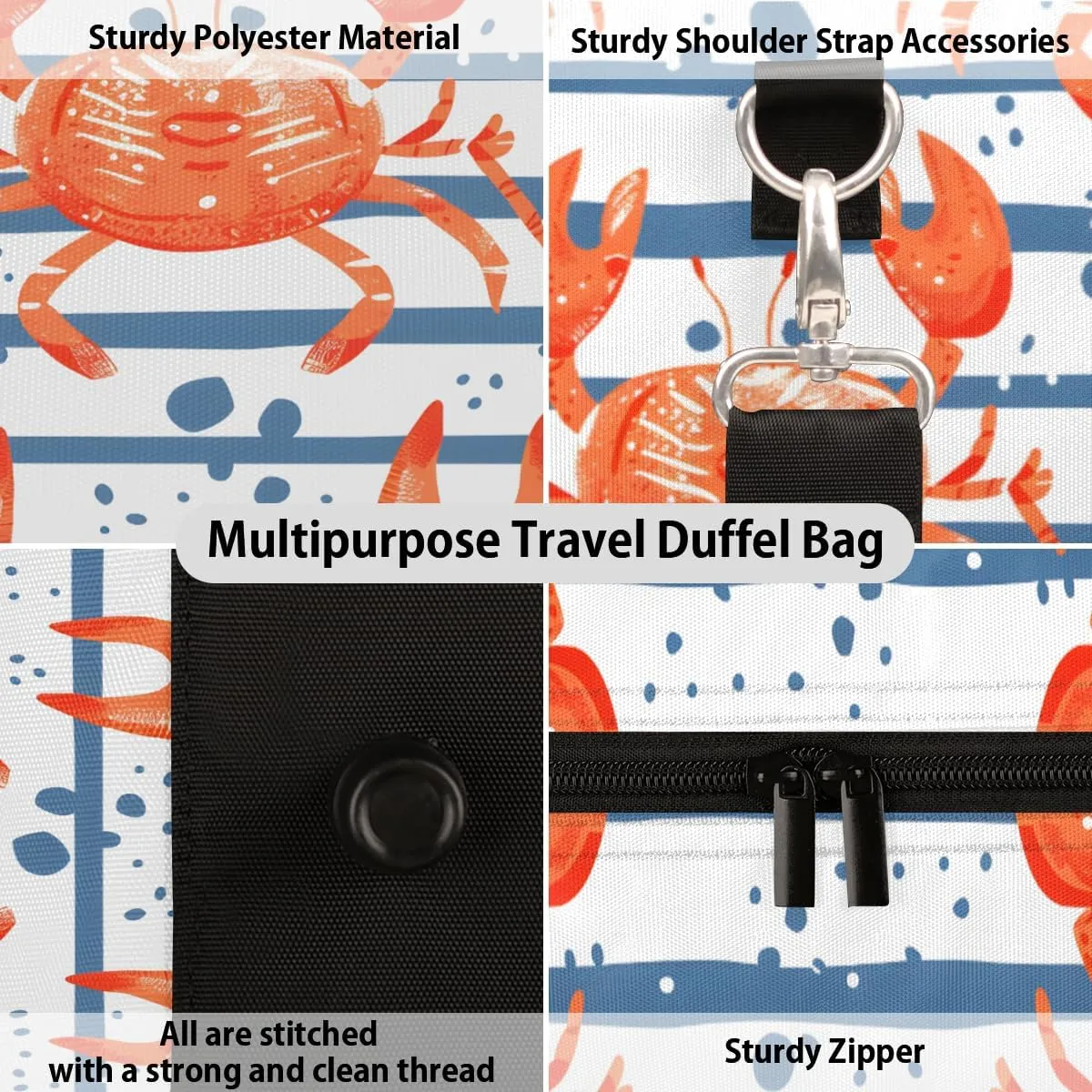 Crab Travel Duffle Bag, Sports Gym Bags for Women Men, Carry On Weekender Overnight Bag, Ocean Workout Hospital Airplane Trips Bag