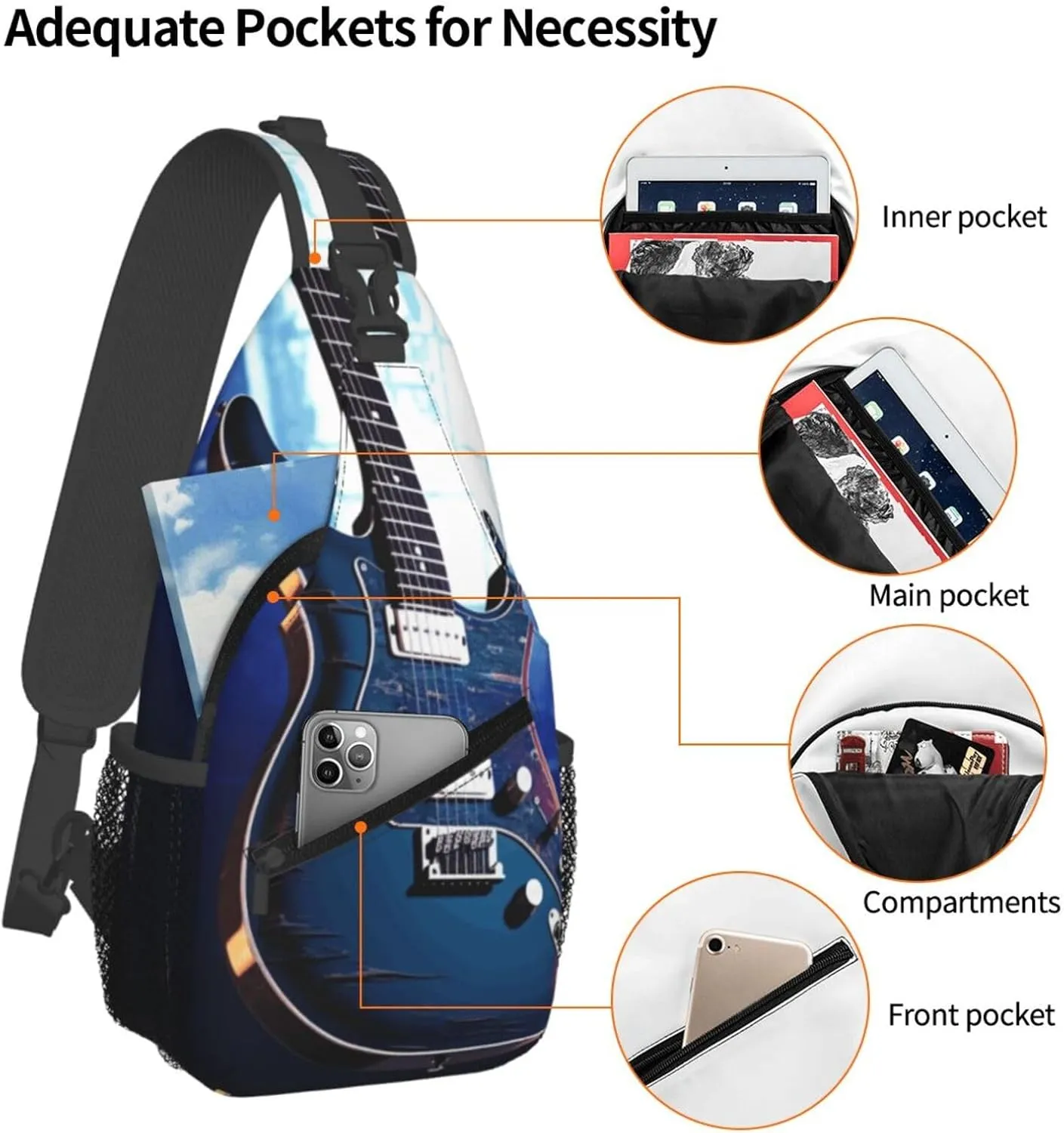 Cross Chest Bag Diagonally Sling Backpack Crossbody Shoulder Bag Blue Guitar Sling Bag Travel Hiking Daypack