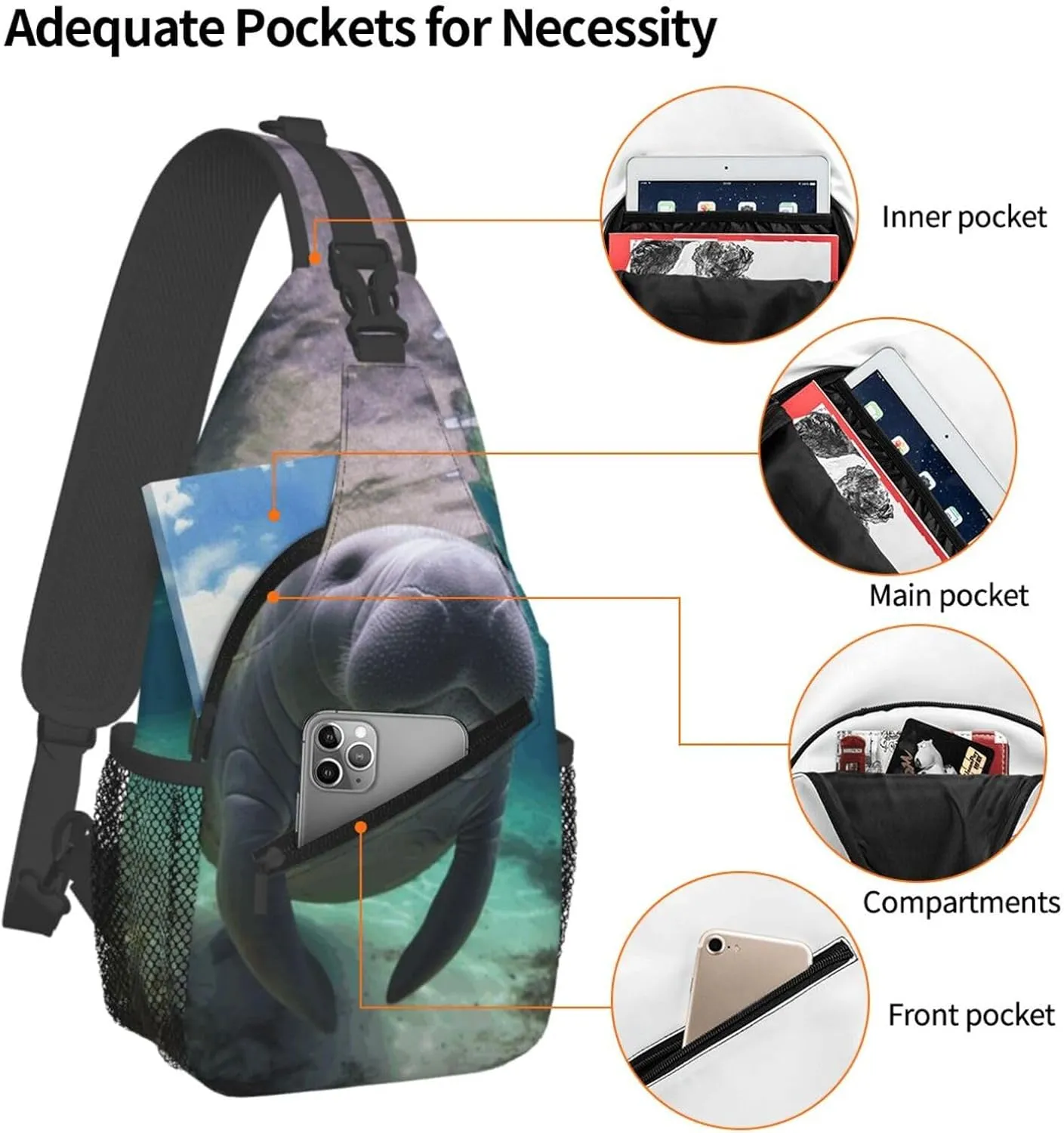 Cross Chest Bag Diagonally Sling Backpack Crossbody Shoulder Bag Cute Sea Animal Manatee Sling Bag Travel Hiking Daypack