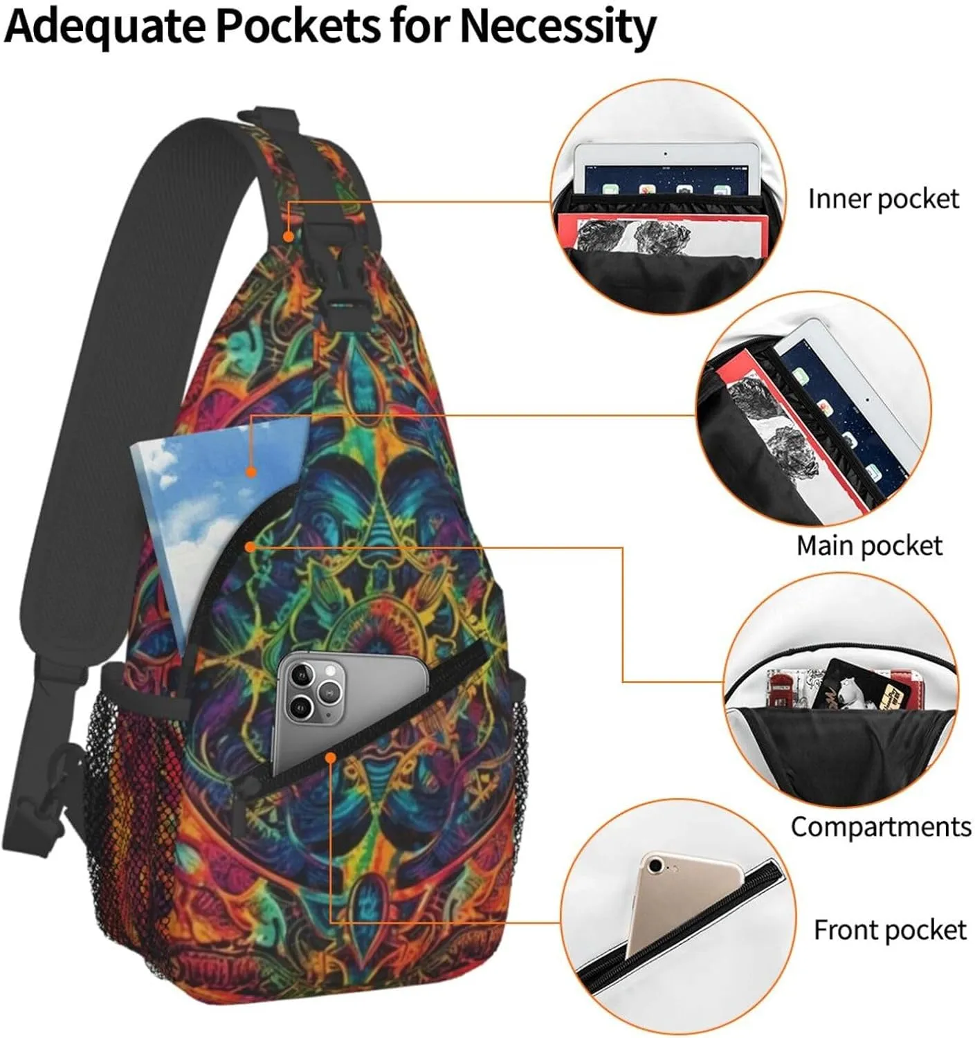 Crossbody Sling Backpack Sling Bag For Men Women Cross Chest Bag Shoulder Bag Colorful Tie-Dye Print Travel Hiking Daypack