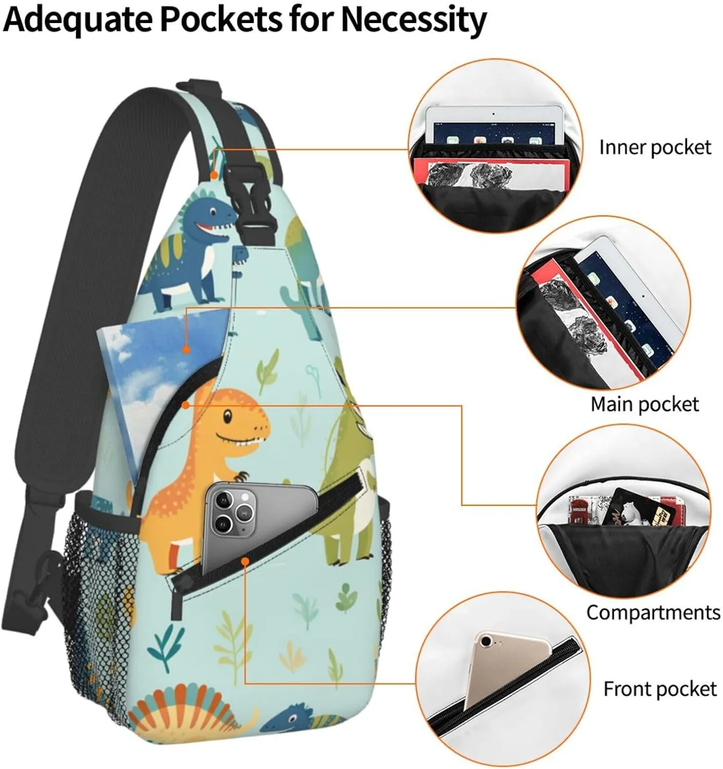 Crossbody Sling Backpack Sling Bag For Men Women Cross Chest Bag Shoulder Bag Dinosaur Print Travel Hiking Daypack