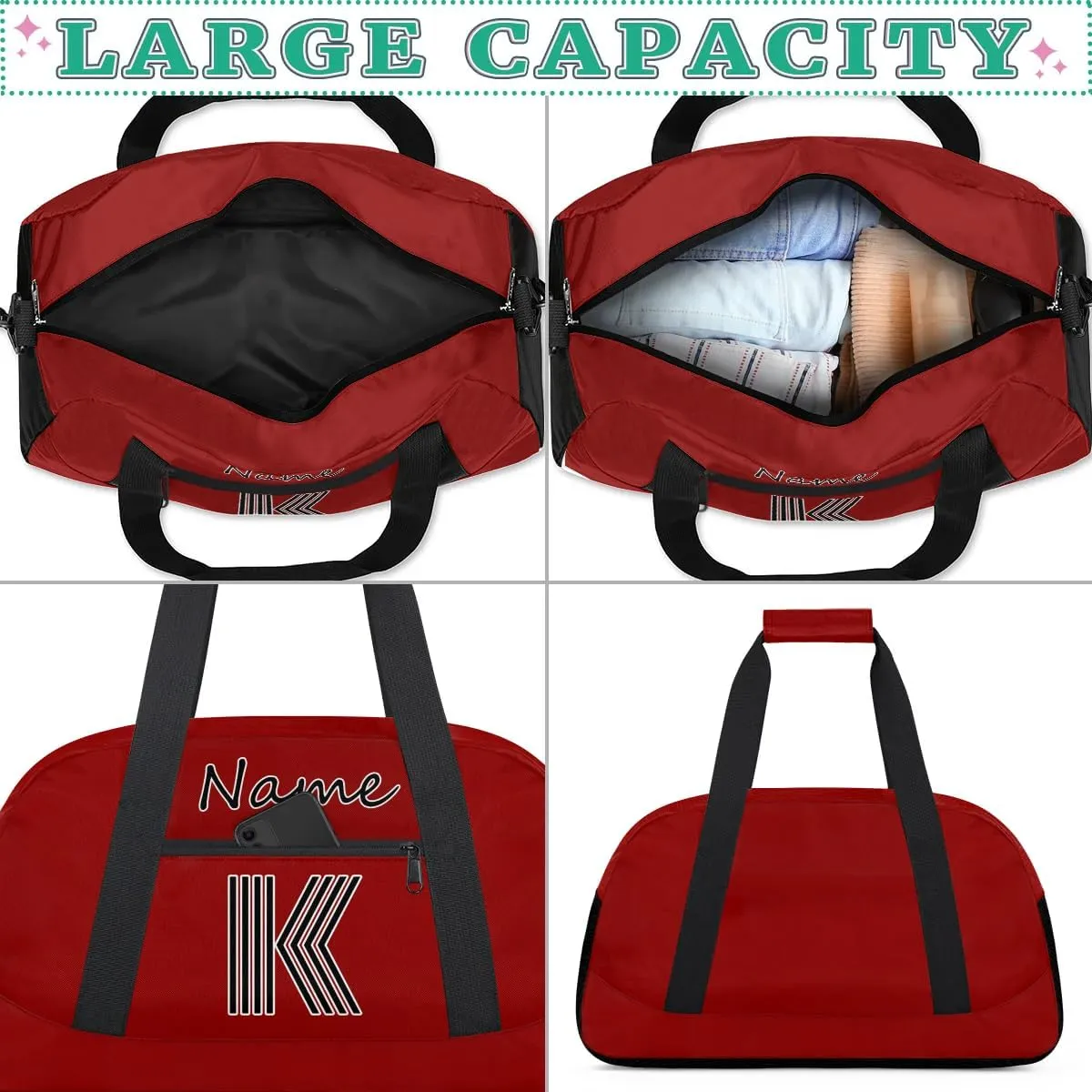 Custom Gym Bag for Women Men, Personalized Initial Duffel Bag with Name, Small Sports Gym Bag Travel Duffle Bag Weekender Carry On Overnight Bags Dark Red