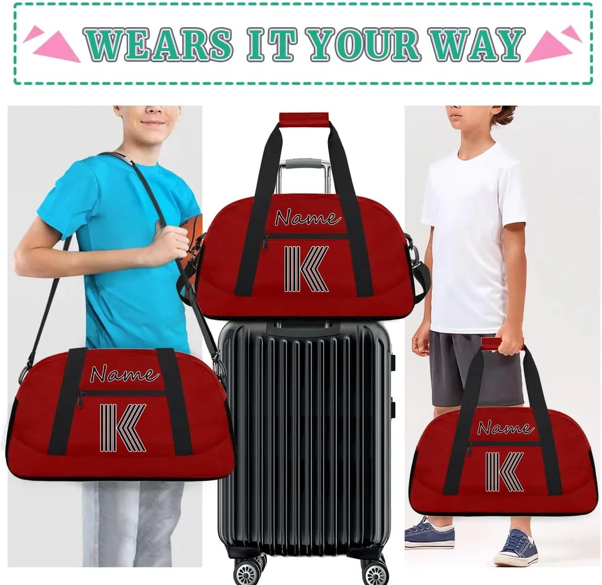 Custom Gym Bag for Women Men, Personalized Initial Duffel Bag with Name, Small Sports Gym Bag Travel Duffle Bag Weekender Carry On Overnight Bags Dark Red
