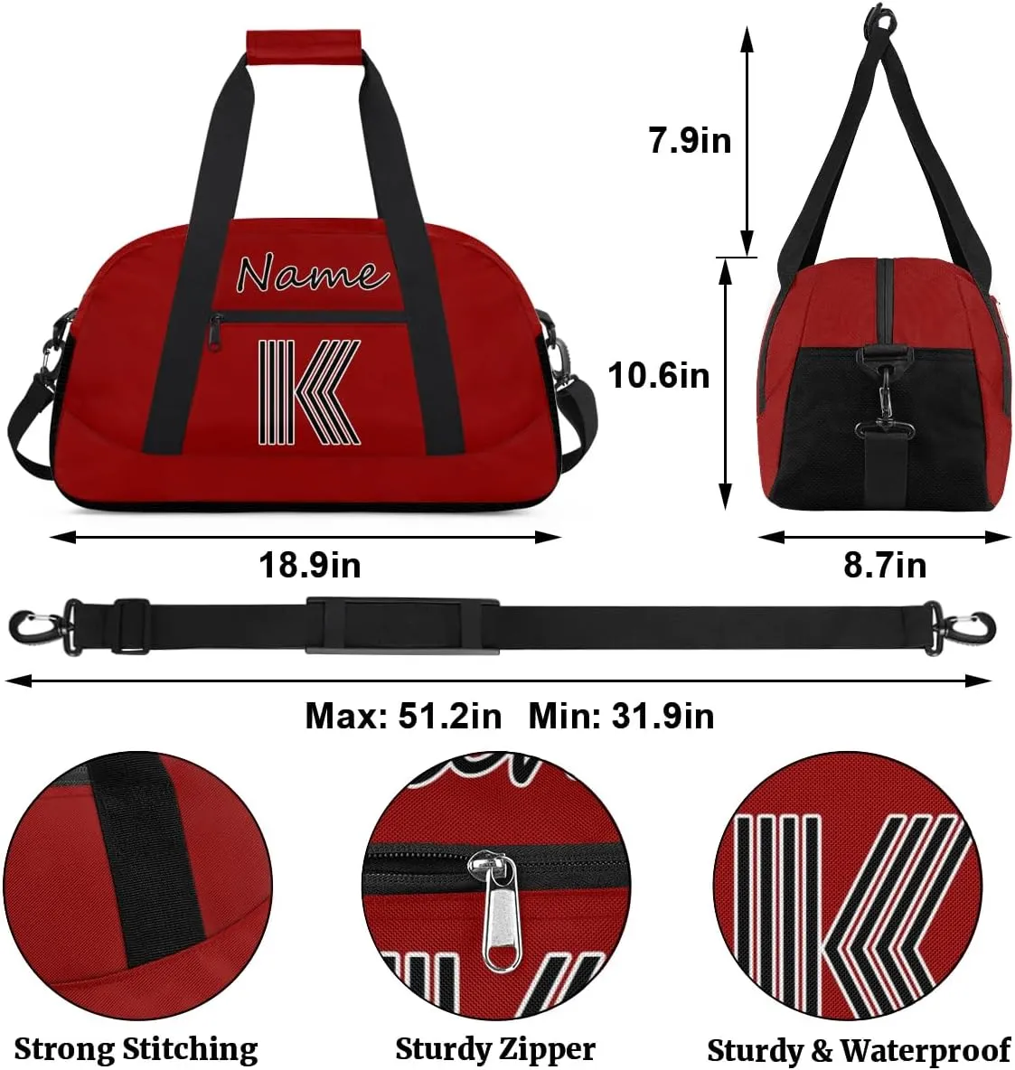 Custom Gym Bag for Women Men, Personalized Initial Duffel Bag with Name, Small Sports Gym Bag Travel Duffle Bag Weekender Carry On Overnight Bags Dark Red