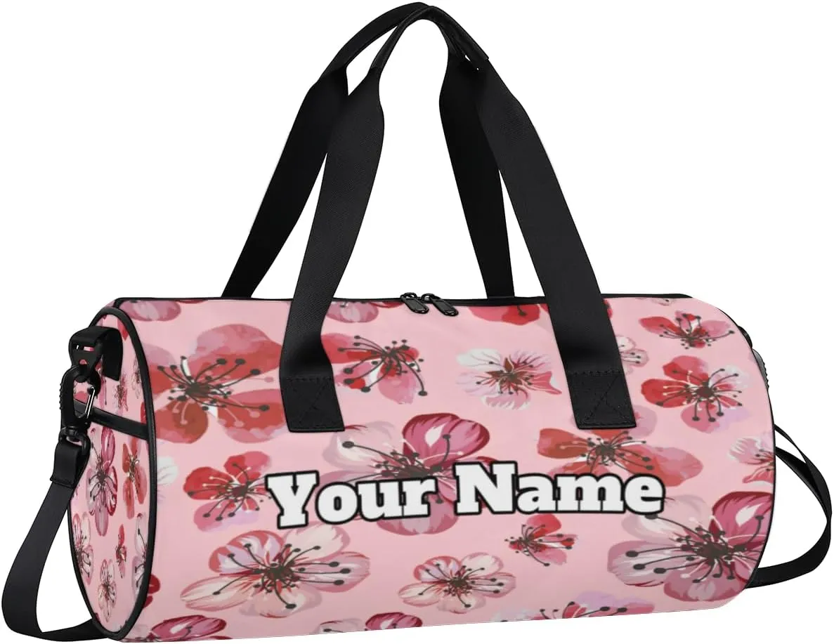 Custom Gym Bag for Women Men with Name, Personalized Cherry Duffel Bag for Sports, Waterproof Dance Bag, Lightweight Carryon Gym Bag, Flower