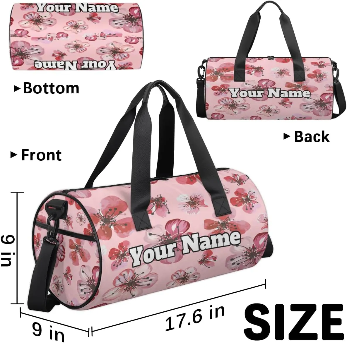 Custom Gym Bag for Women Men with Name, Personalized Cherry Duffel Bag for Sports, Waterproof Dance Bag, Lightweight Carryon Gym Bag, Flower