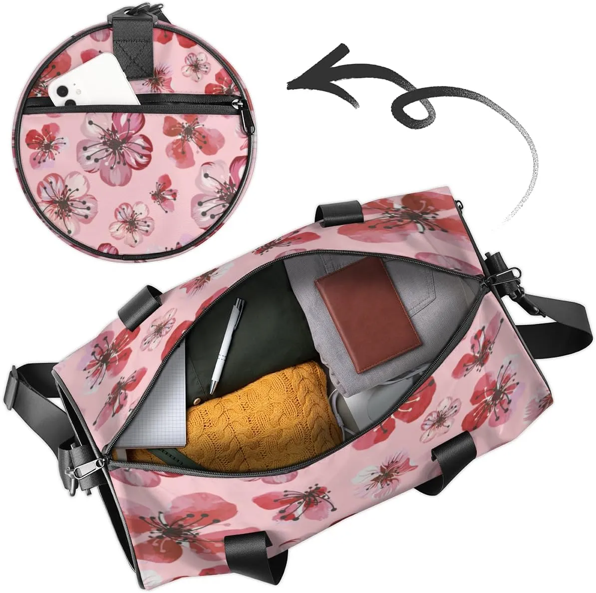 Custom Gym Bag for Women Men with Name, Personalized Cherry Duffel Bag for Sports, Waterproof Dance Bag, Lightweight Carryon Gym Bag, Flower