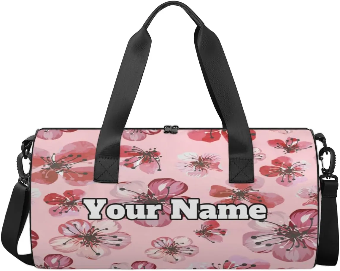 Custom Gym Bag for Women Men with Name, Personalized Cherry Duffel Bag for Sports, Waterproof Dance Bag, Lightweight Carryon Gym Bag, Flower
