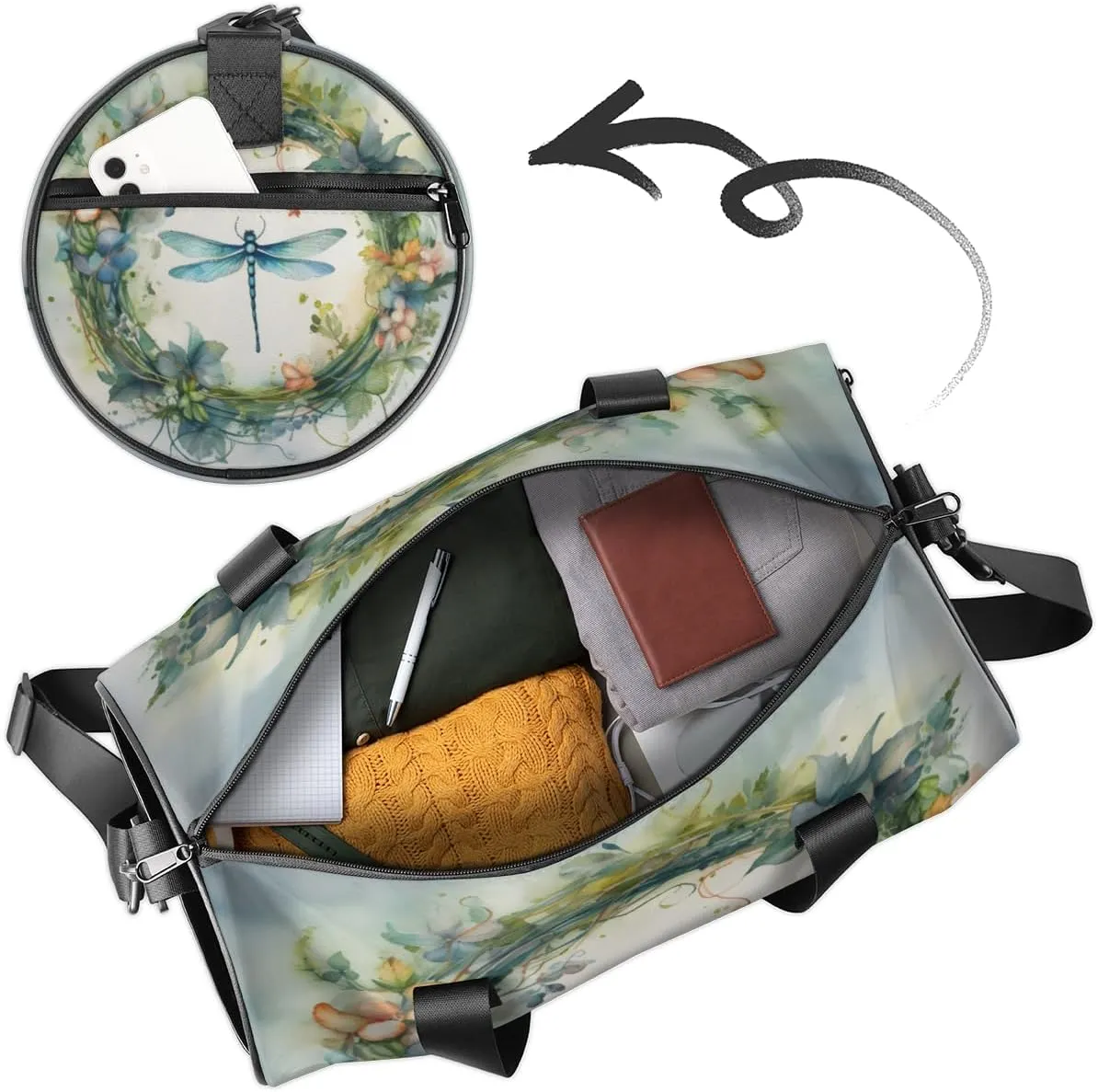 Custom Gym Bag for Women Men with Name, Personalized Dragonfly Duffel Bag for Sports, Waterproof Dance Bag, Lightweight Carryon Gym Bag, Watercolor Flowers