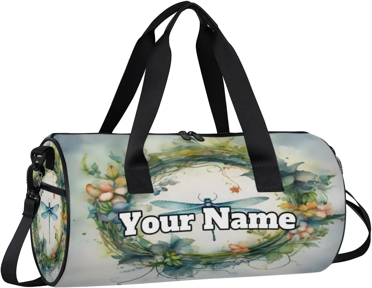 Custom Gym Bag for Women Men with Name, Personalized Dragonfly Duffel Bag for Sports, Waterproof Dance Bag, Lightweight Carryon Gym Bag, Watercolor Flowers