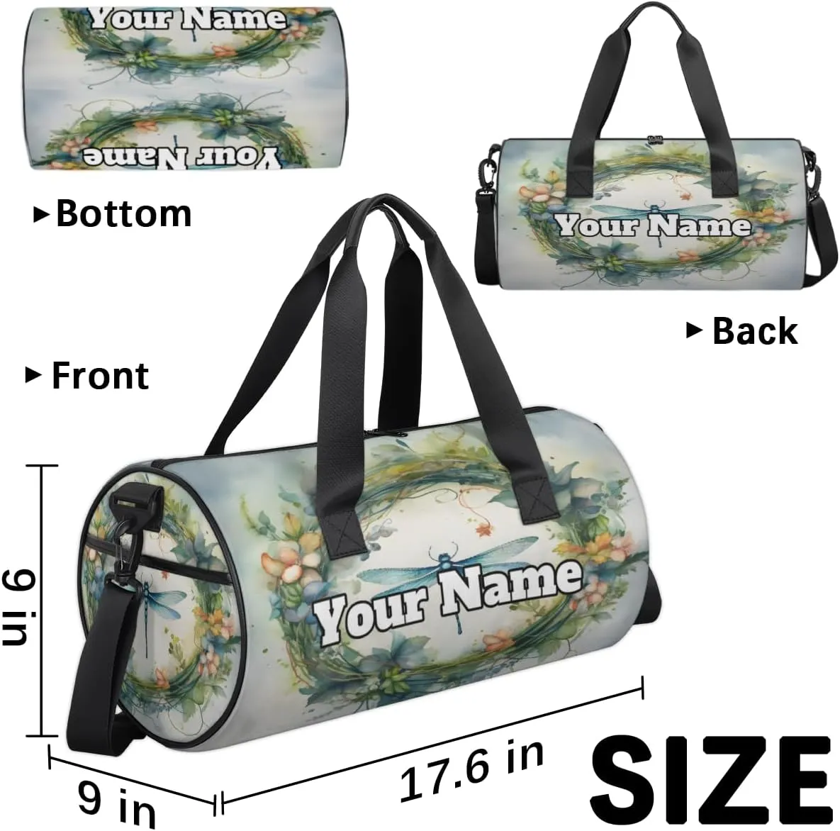 Custom Gym Bag for Women Men with Name, Personalized Dragonfly Duffel Bag for Sports, Waterproof Dance Bag, Lightweight Carryon Gym Bag, Watercolor Flowers