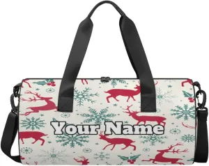 Custom Gym Bag for Women Men with Name, Personalized Snowflake Elk Duffel Bag for Sports, Waterproof Dance Bag, Lightweight Carryon Gym Bag, Christmas