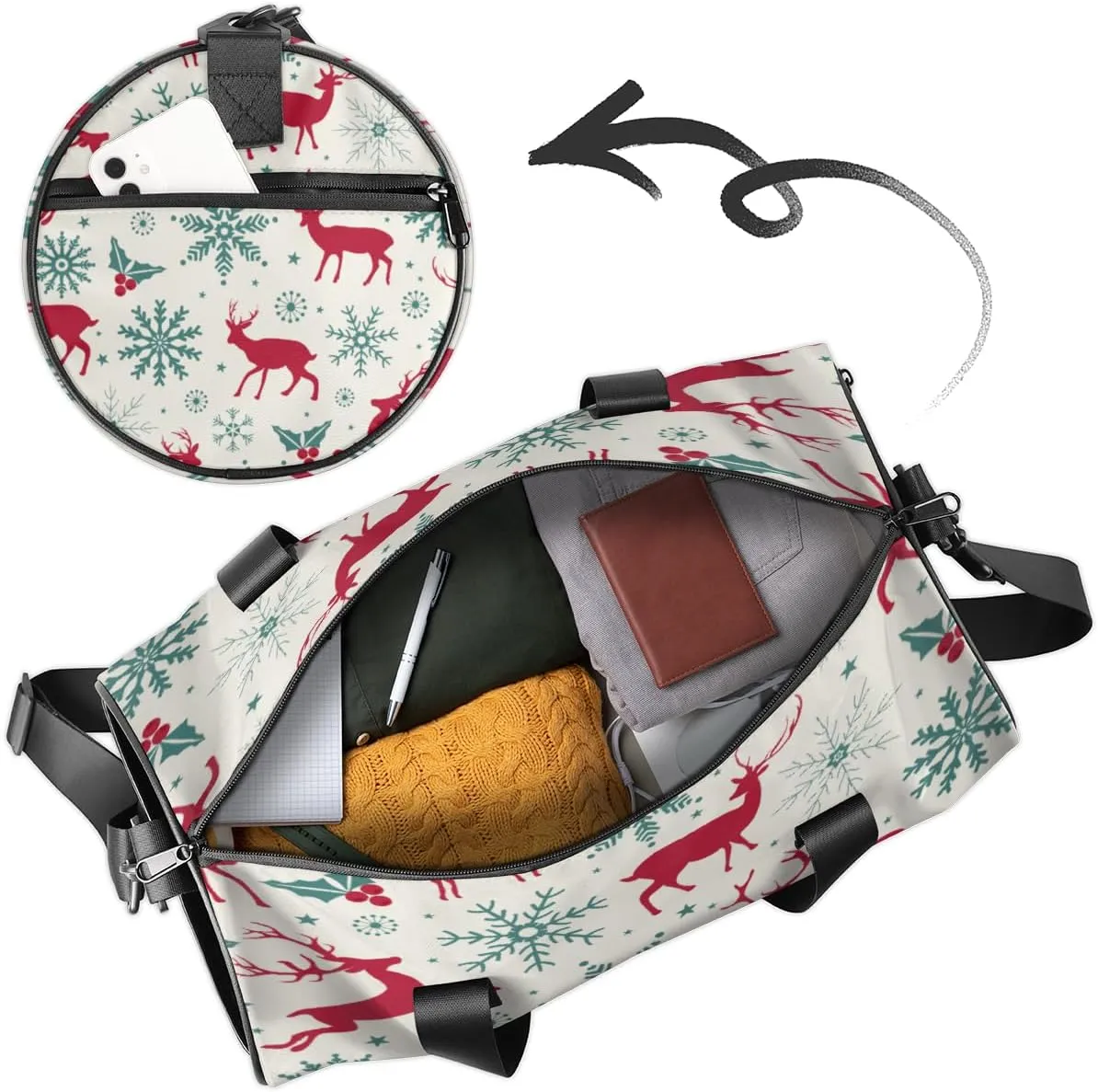 Custom Gym Bag for Women Men with Name, Personalized Snowflake Elk Duffel Bag for Sports, Waterproof Dance Bag, Lightweight Carryon Gym Bag, Christmas