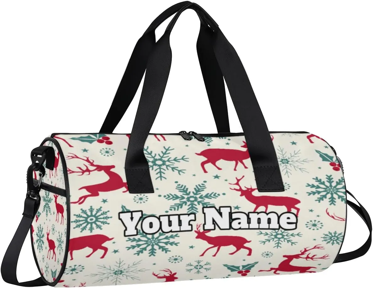 Custom Gym Bag for Women Men with Name, Personalized Snowflake Elk Duffel Bag for Sports, Waterproof Dance Bag, Lightweight Carryon Gym Bag, Christmas