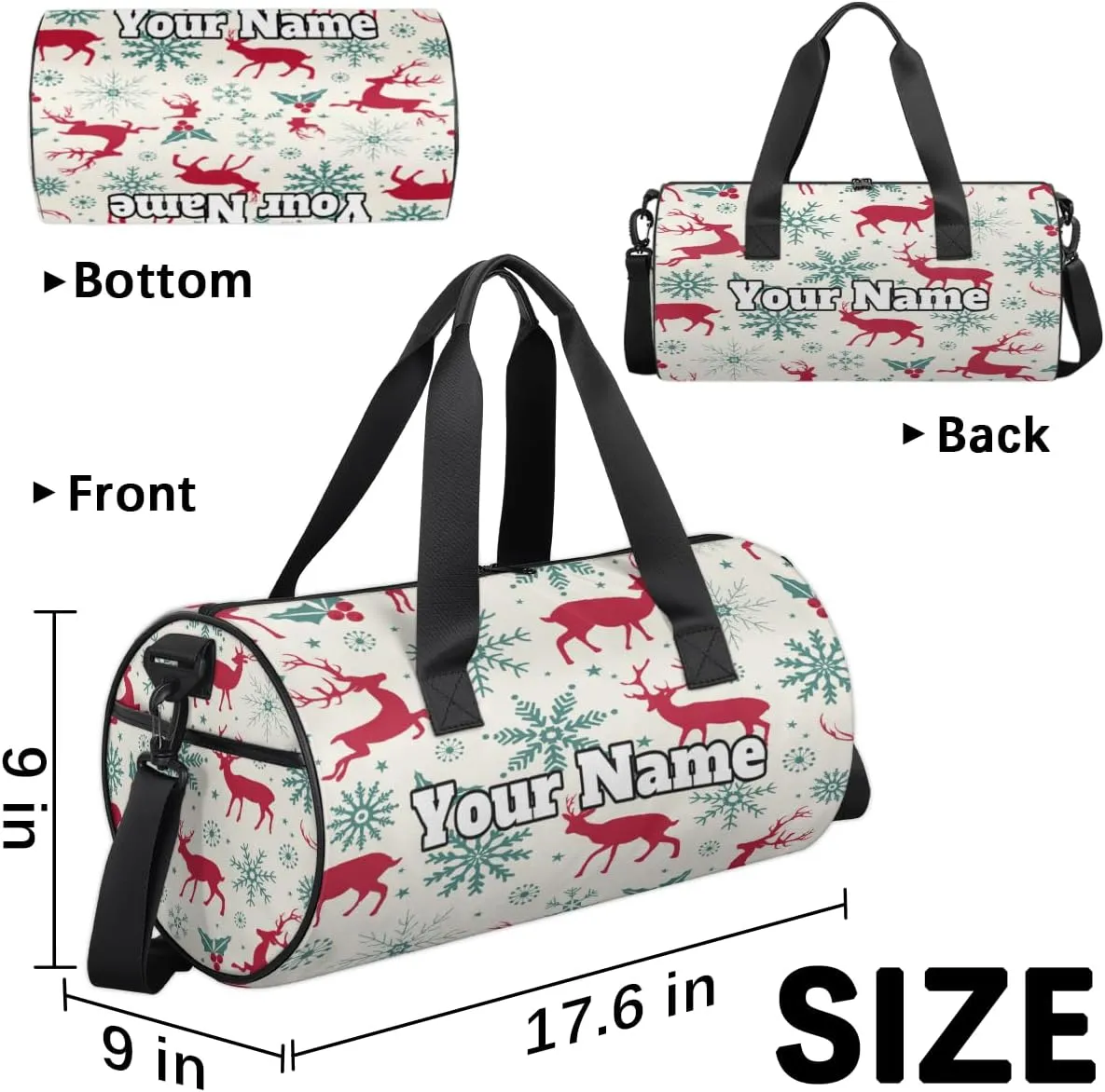 Custom Gym Bag for Women Men with Name, Personalized Snowflake Elk Duffel Bag for Sports, Waterproof Dance Bag, Lightweight Carryon Gym Bag, Christmas