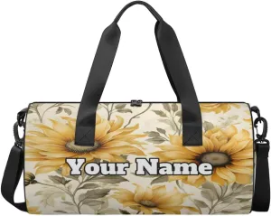 Custom Gym Bag for Women Men with Name, Personalized Sunflower Duffel Bag for Sports, Waterproof Dance Bag, Lightweight Carryon Gym Bag, Rural Flowers