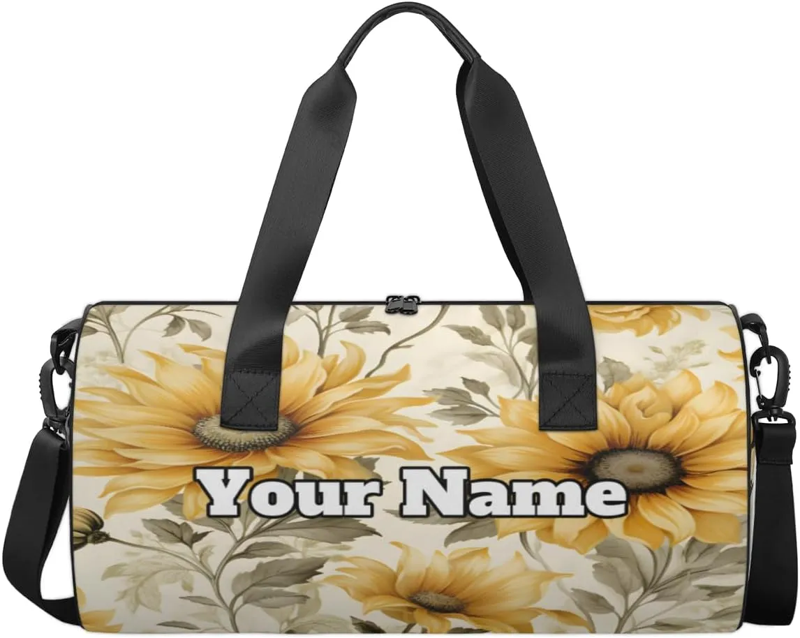 Custom Gym Bag for Women Men with Name, Personalized Sunflower Duffel Bag for Sports, Waterproof Dance Bag, Lightweight Carryon Gym Bag, Rural Flowers