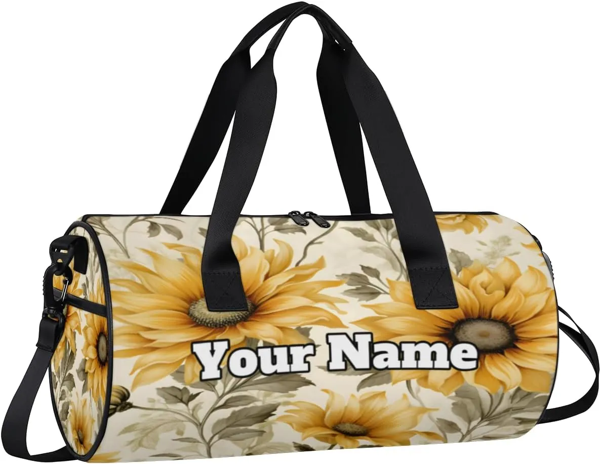 Custom Gym Bag for Women Men with Name, Personalized Sunflower Duffel Bag for Sports, Waterproof Dance Bag, Lightweight Carryon Gym Bag, Rural Flowers