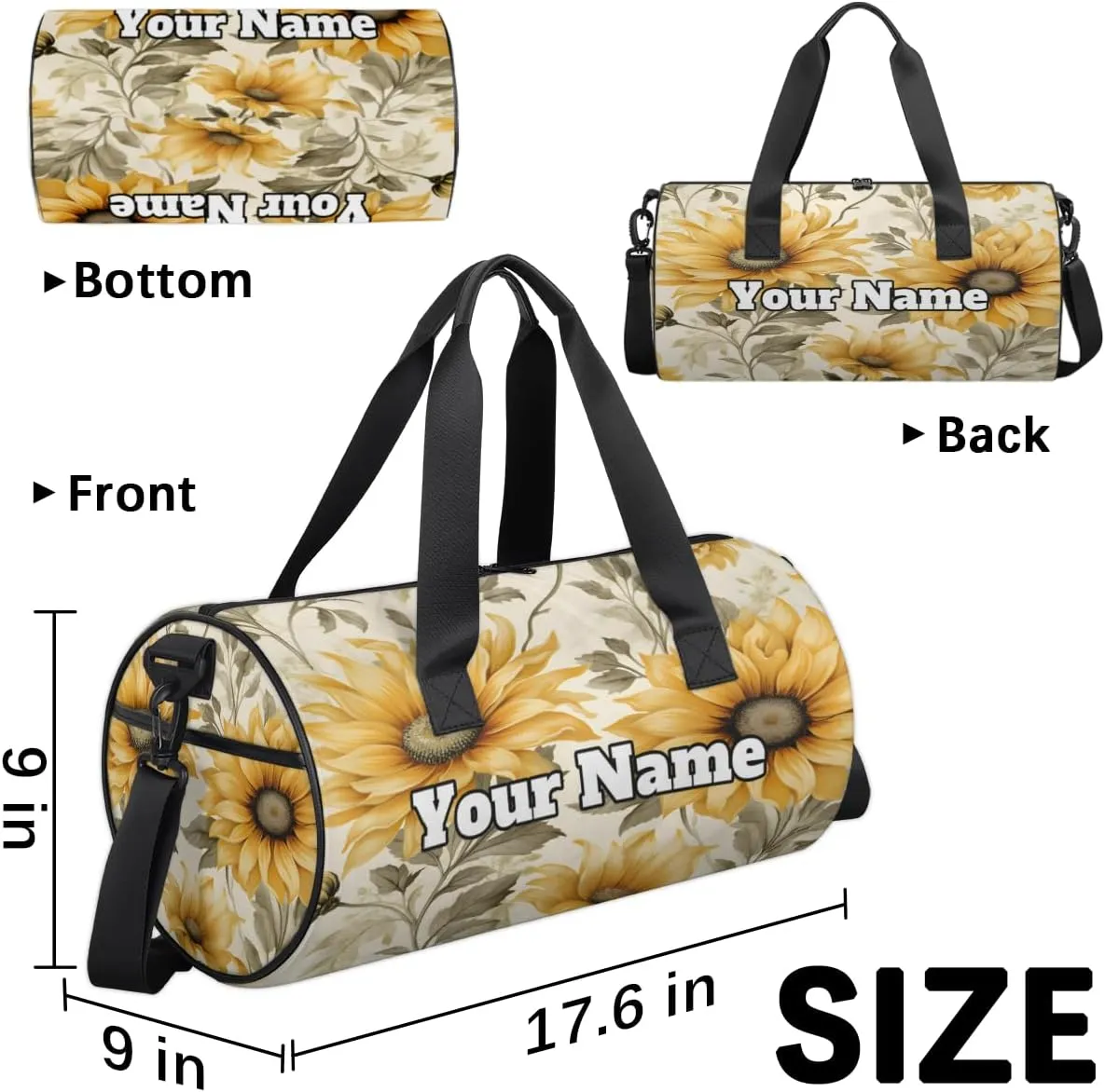 Custom Gym Bag for Women Men with Name, Personalized Sunflower Duffel Bag for Sports, Waterproof Dance Bag, Lightweight Carryon Gym Bag, Rural Flowers