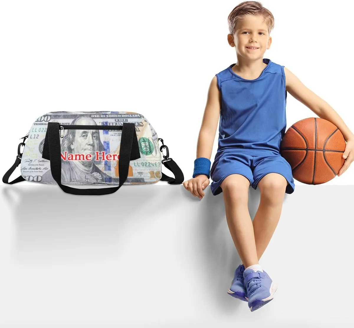 Custom Name Small Kids Overnighter Duffle Bag for Boys Girls 100 Dollar Bill Money Personalized Lightweight Gym Sports Duffle Bag Travel Weekender Tote Carry on Bag Customized Kids Gifts