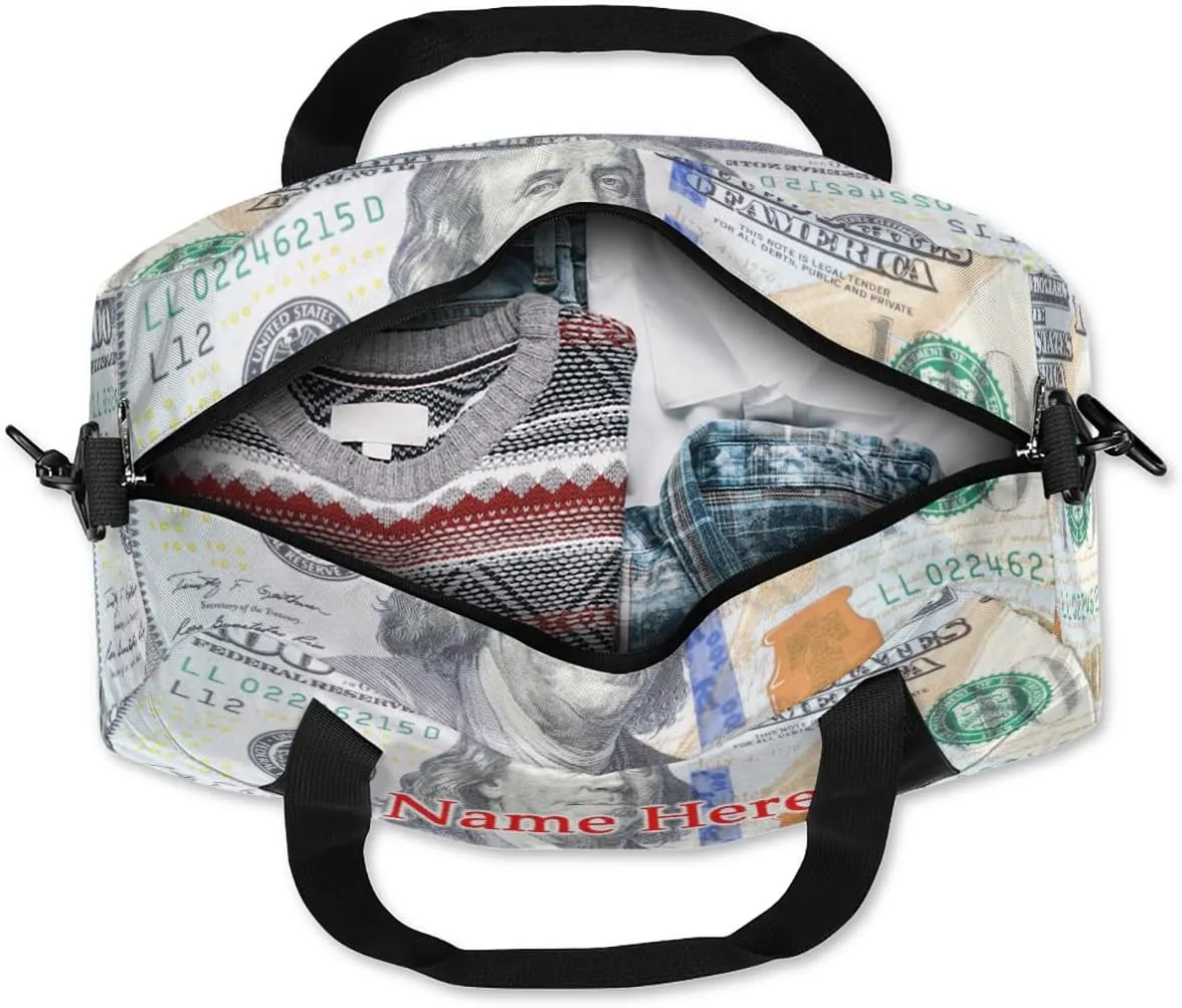 Custom Name Small Kids Overnighter Duffle Bag for Boys Girls 100 Dollar Bill Money Personalized Lightweight Gym Sports Duffle Bag Travel Weekender Tote Carry on Bag Customized Kids Gifts