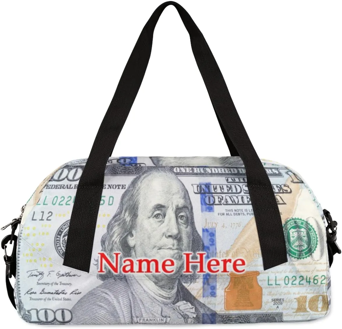 Custom Name Small Kids Overnighter Duffle Bag for Boys Girls 100 Dollar Bill Money Personalized Lightweight Gym Sports Duffle Bag Travel Weekender Tote Carry on Bag Customized Kids Gifts