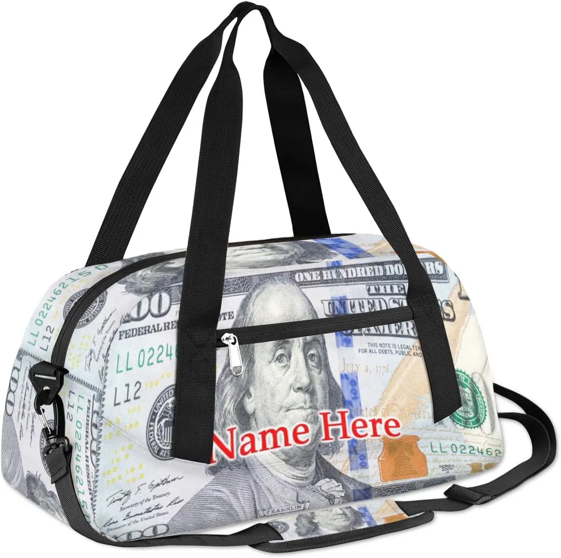 Custom Name Small Kids Overnighter Duffle Bag for Boys Girls 100 Dollar Bill Money Personalized Lightweight Gym Sports Duffle Bag Travel Weekender Tote Carry on Bag Customized Kids Gifts