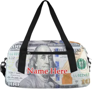 Custom Name Small Kids Overnighter Duffle Bag for Boys Girls 100 Dollar Bill Money Personalized Lightweight Gym Sports Duffle Bag Travel Weekender Tote Carry on Bag Customized Kids Gifts