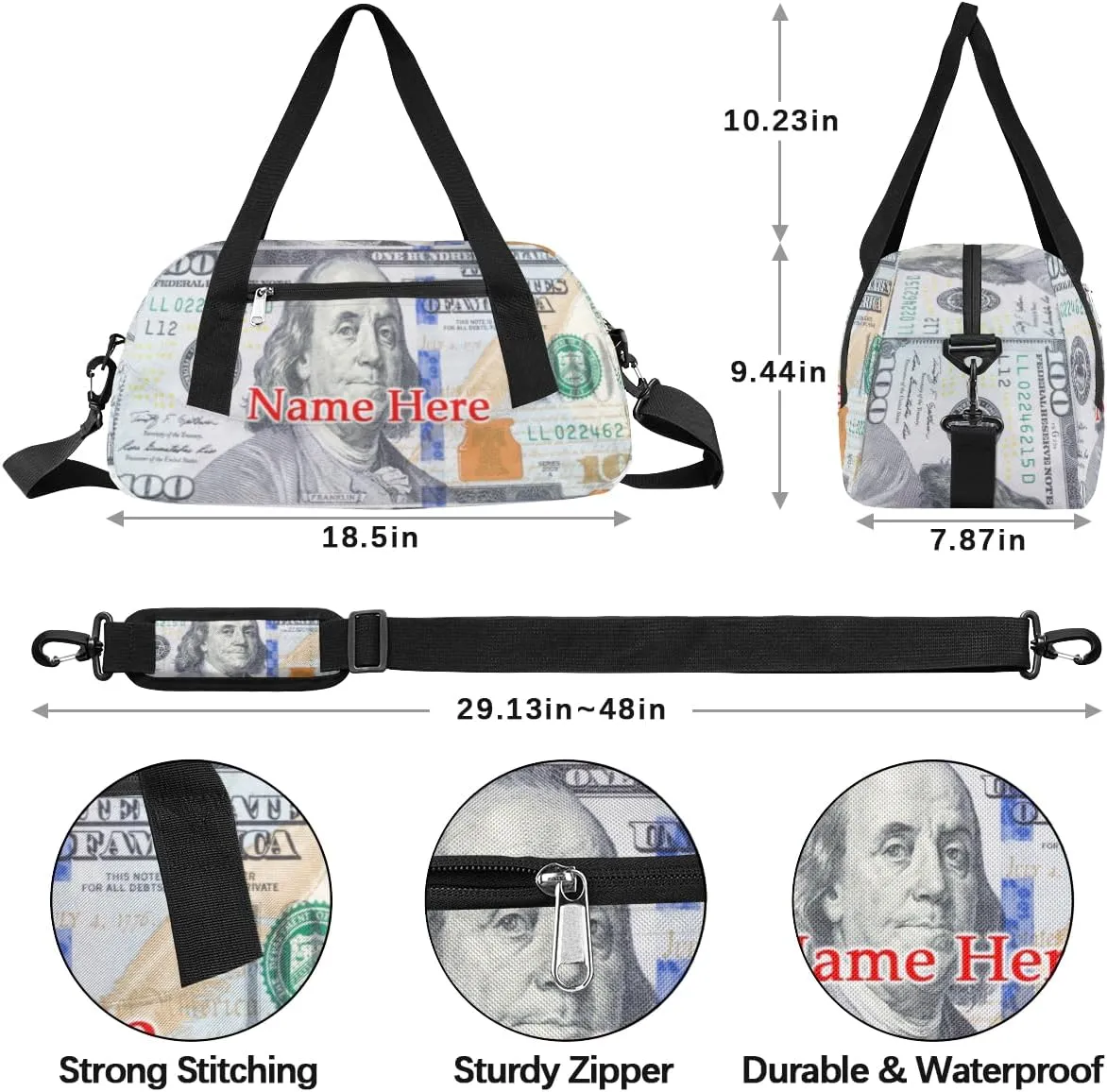 Custom Name Small Kids Overnighter Duffle Bag for Boys Girls 100 Dollar Bill Money Personalized Lightweight Gym Sports Duffle Bag Travel Weekender Tote Carry on Bag Customized Kids Gifts