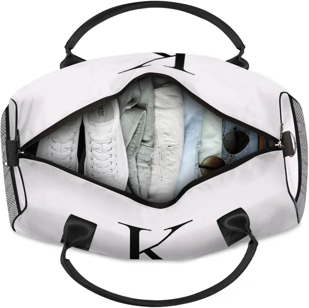 Custom Name Sport Duffel Bag, Personalized Initial Small Gym Bag, Lightweight Travel Duffle Bag Carry On Weekender Bag, White