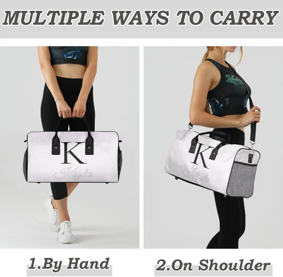 Custom Name Sport Duffel Bag, Personalized Initial Small Gym Bag, Lightweight Travel Duffle Bag Carry On Weekender Bag, White