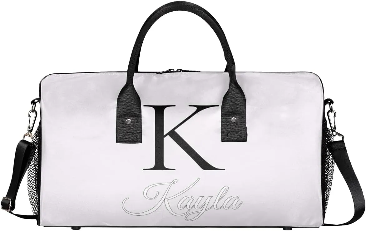 Custom Name Sport Duffel Bag, Personalized Initial Small Gym Bag, Lightweight Travel Duffle Bag Carry On Weekender Bag, White
