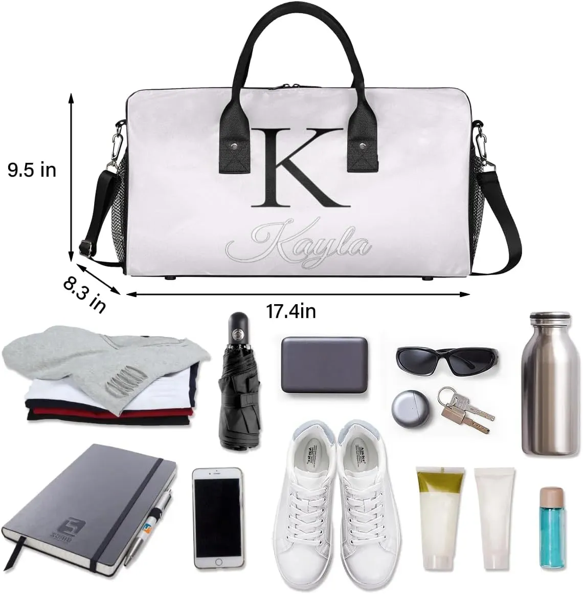 Custom Name Sport Duffel Bag, Personalized Initial Small Gym Bag, Lightweight Travel Duffle Bag Carry On Weekender Bag, White