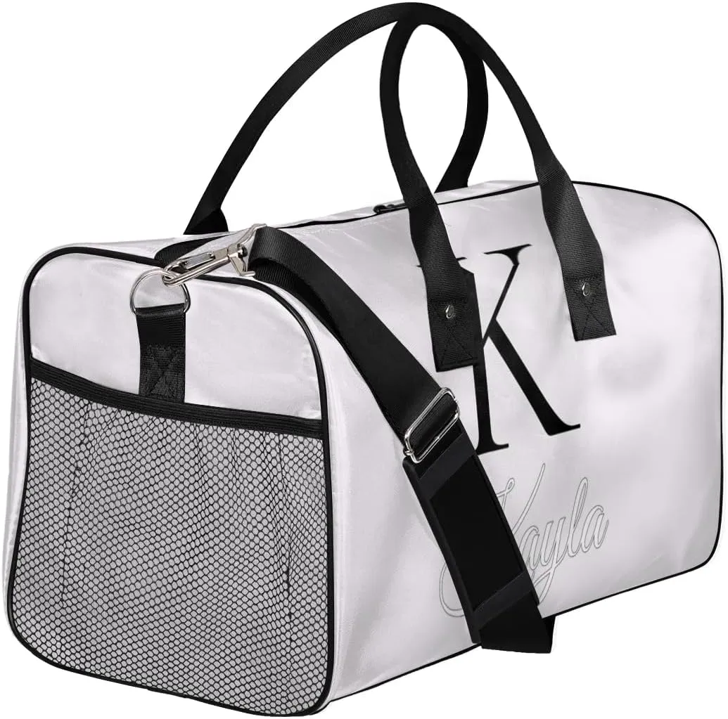 Custom Name Sport Duffel Bag, Personalized Initial Small Gym Bag, Lightweight Travel Duffle Bag Carry On Weekender Bag, White