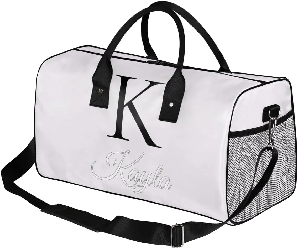 Custom Name Sport Duffel Bag, Personalized Initial Small Gym Bag, Lightweight Travel Duffle Bag Carry On Weekender Bag, White