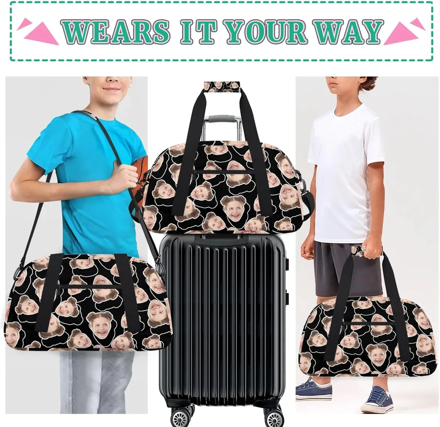 Custom Sport Duffel Bag with Face Picture, Small Gym Bag for Women Personalized Face Travel Duffle Bag Carry On Weekender Bag Overnight Tote Training Workout Bag