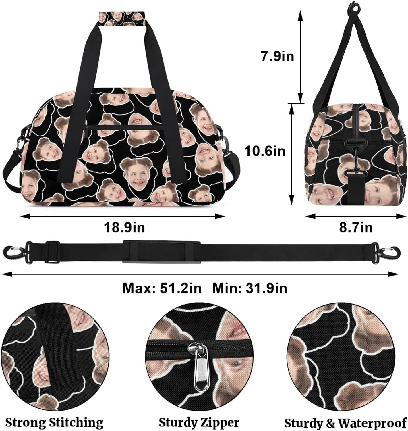 Custom Sport Duffel Bag with Face Picture, Small Gym Bag for Women Personalized Face Travel Duffle Bag Carry On Weekender Bag Overnight Tote Training Workout Bag
