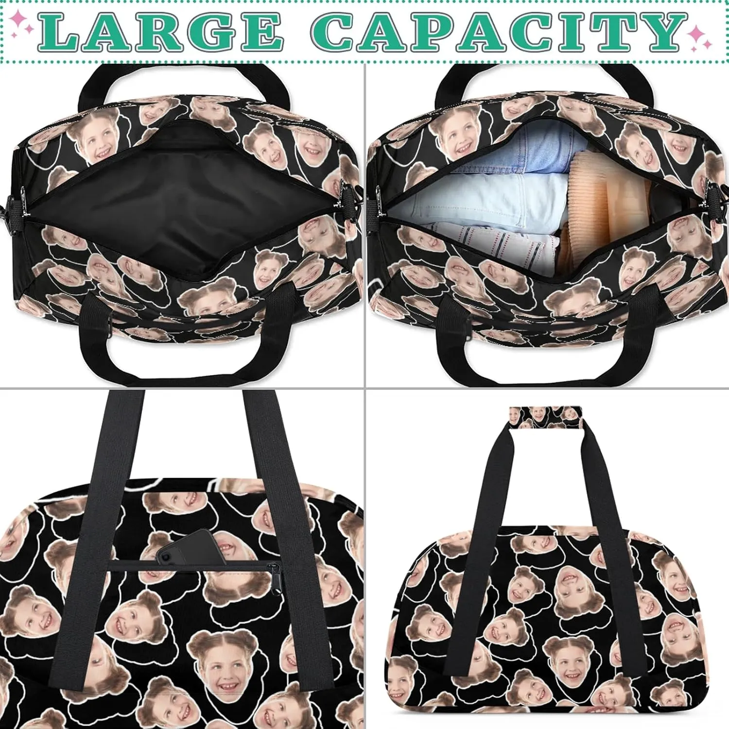 Custom Sport Duffel Bag with Face Picture, Small Gym Bag for Women Personalized Face Travel Duffle Bag Carry On Weekender Bag Overnight Tote Training Workout Bag