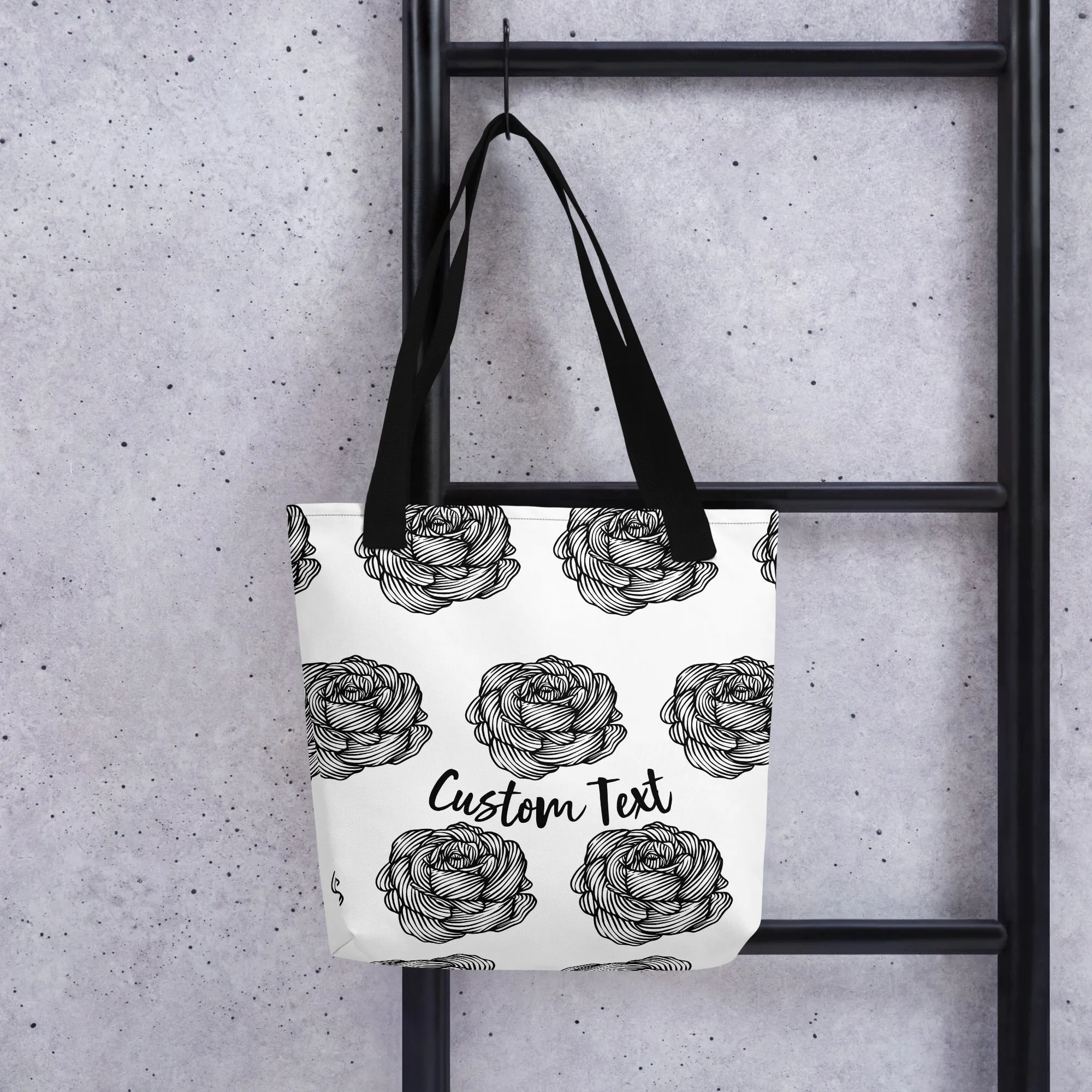 Custom Text, Women's Tote Bag Black and White Rose Graphic Pattern Print