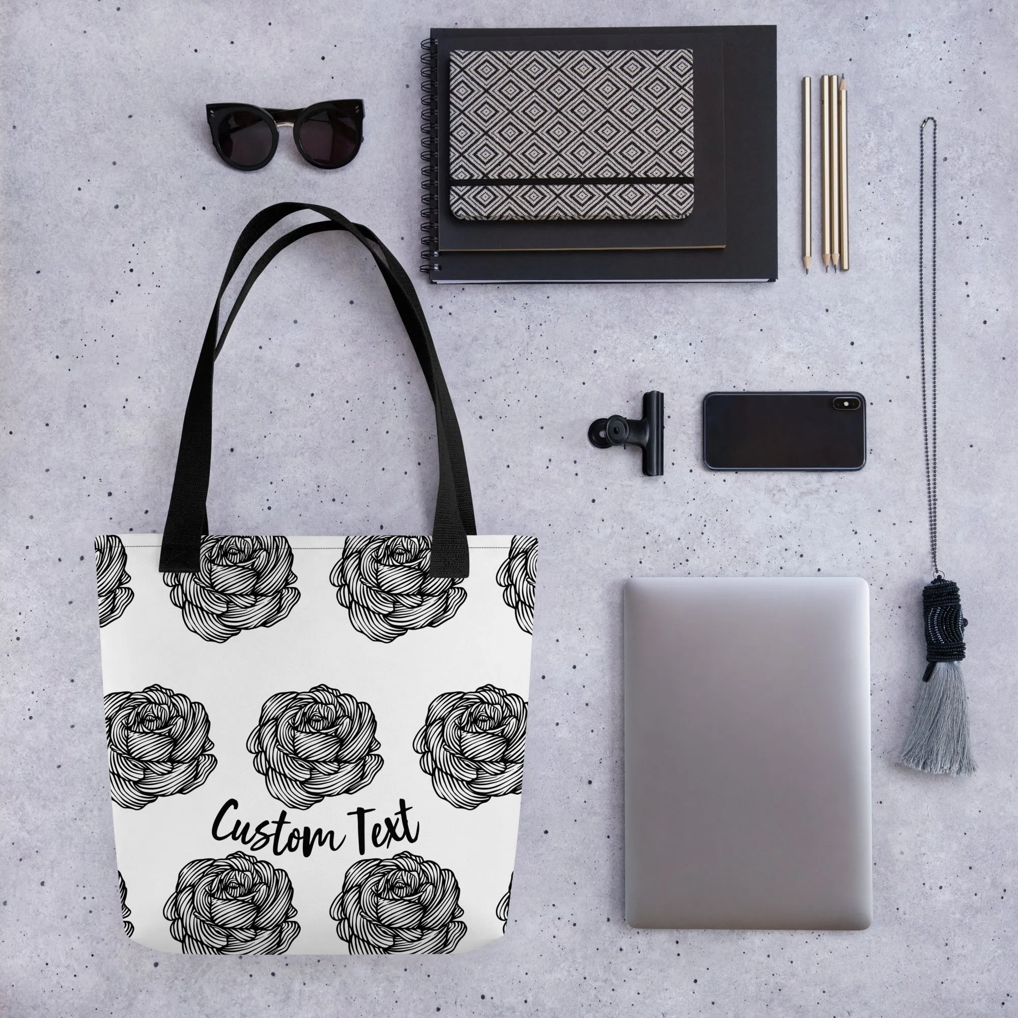 Custom Text, Women's Tote Bag Black and White Rose Graphic Pattern Print