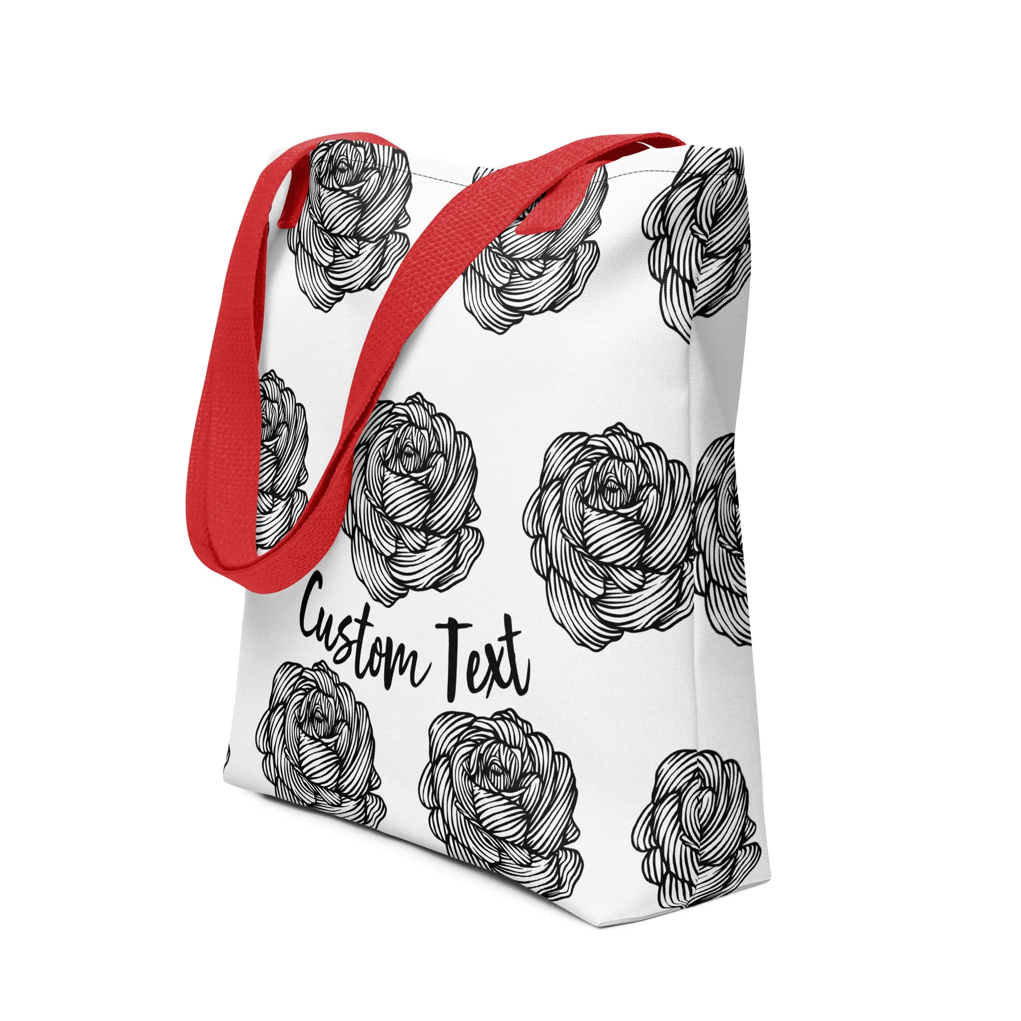 Custom Text, Women's Tote Bag Black and White Rose Graphic Pattern Print