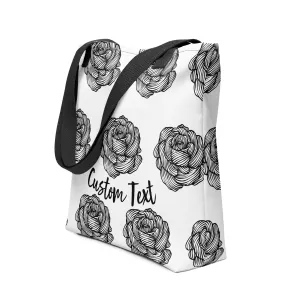 Custom Text, Women's Tote Bag Black and White Rose Graphic Pattern Print