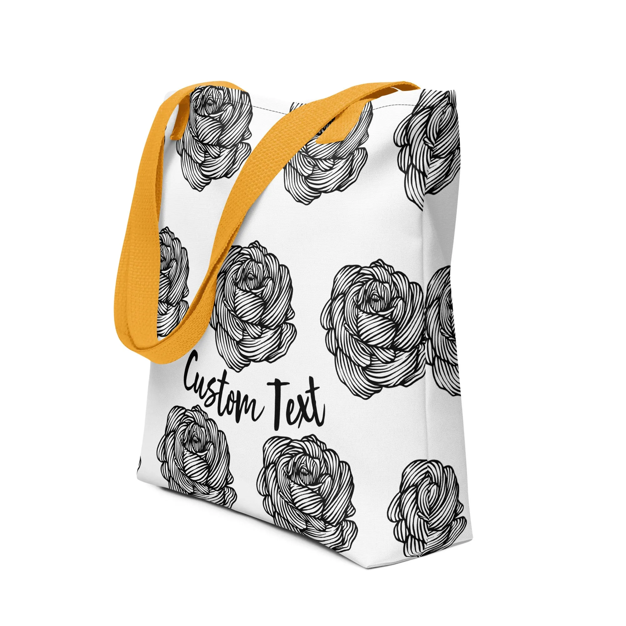 Custom Text, Women's Tote Bag Black and White Rose Graphic Pattern Print