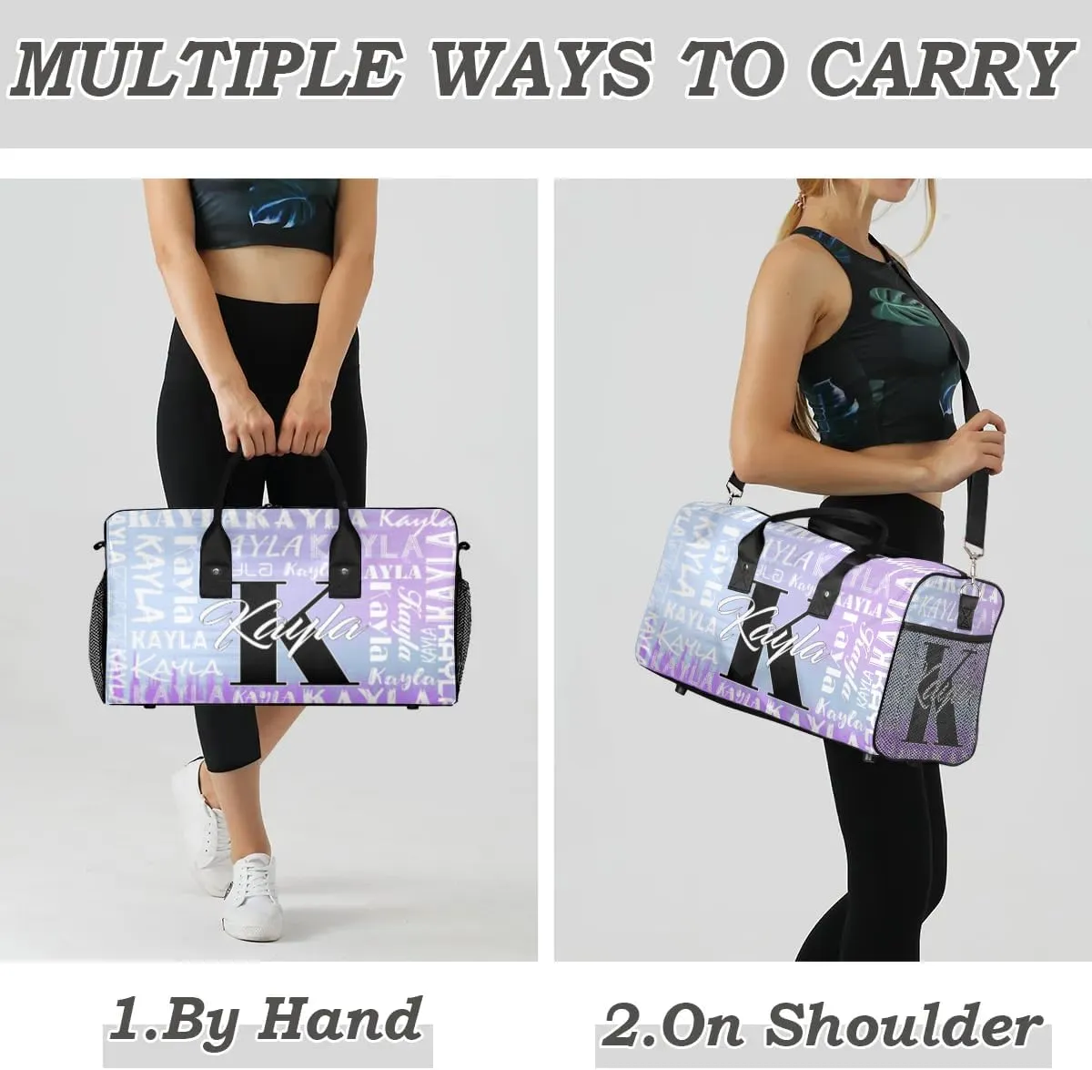 Custom Travel Bag, Personalized Duffle Bag with Initials Name, Sports Dance Gym Tote Bags Weekender Overnight Bag for Women Men, Gradient Blue-Purple