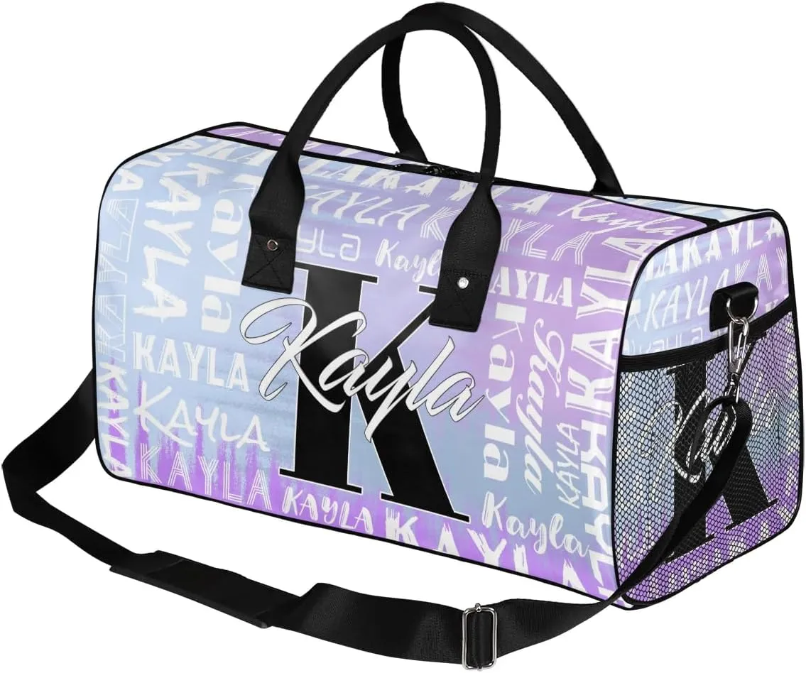 Custom Travel Bag, Personalized Duffle Bag with Initials Name, Sports Dance Gym Tote Bags Weekender Overnight Bag for Women Men, Gradient Blue-Purple