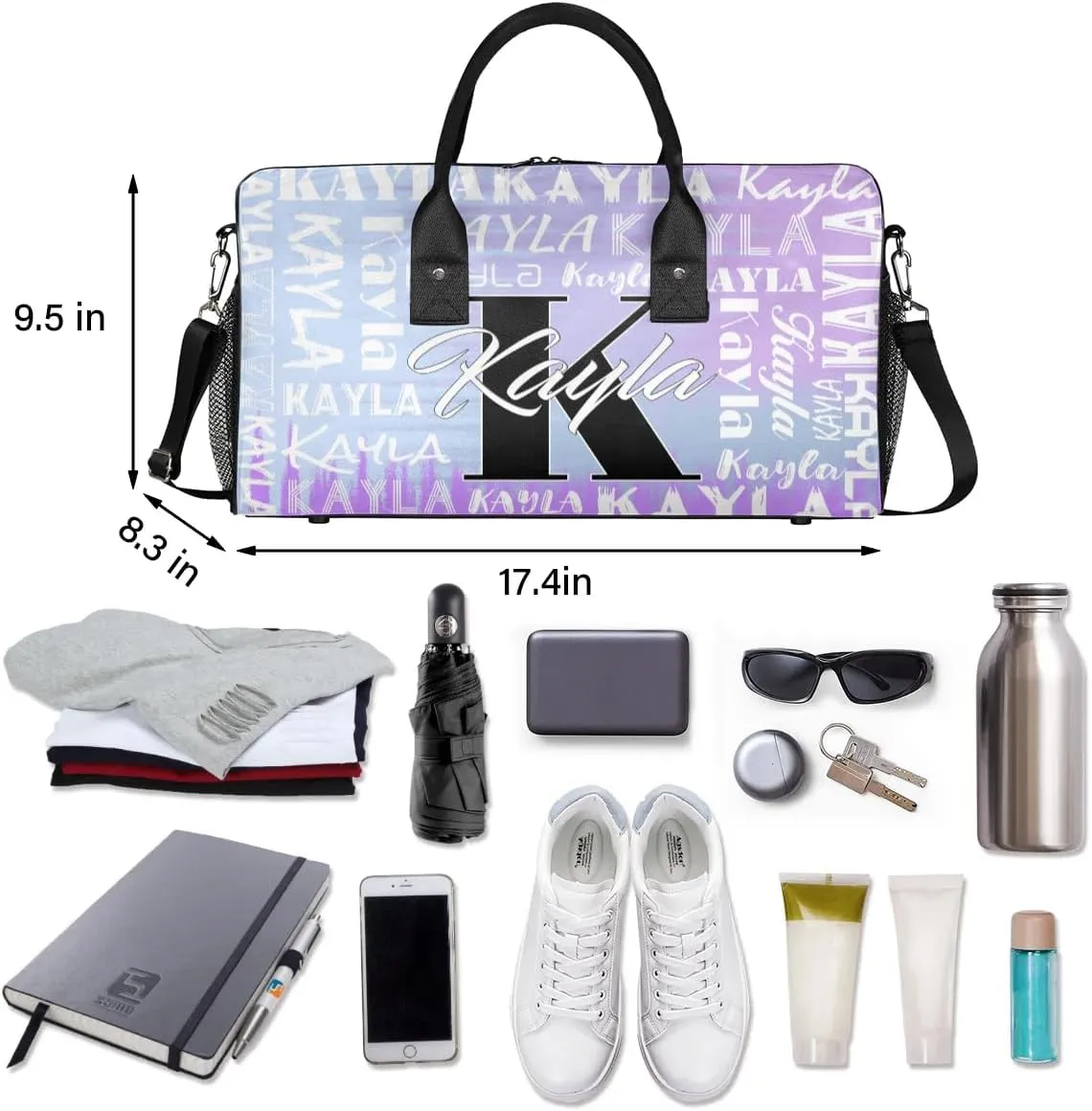 Custom Travel Bag, Personalized Duffle Bag with Initials Name, Sports Dance Gym Tote Bags Weekender Overnight Bag for Women Men, Gradient Blue-Purple